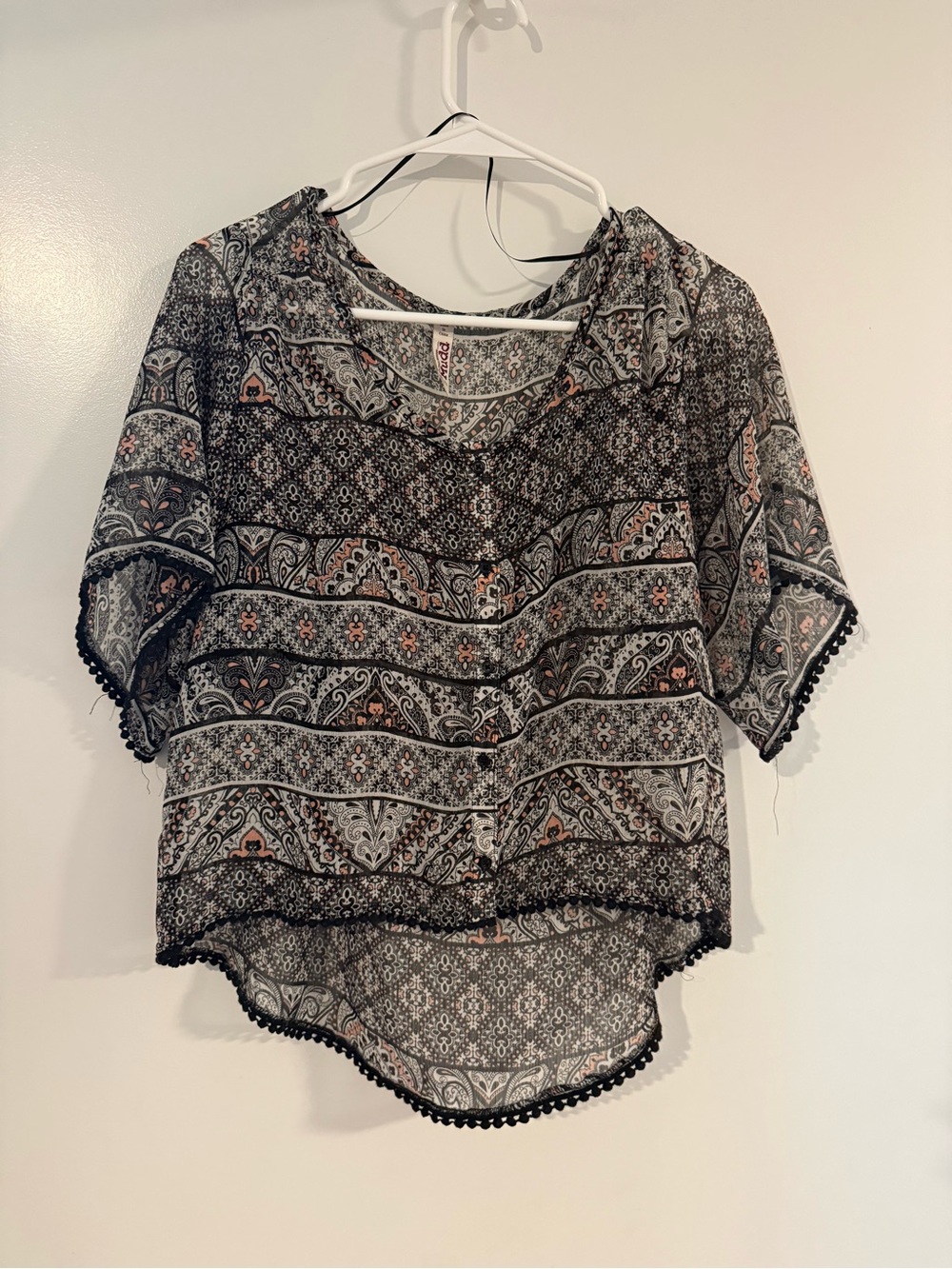 Mudd Boho Paisley Print Pom Pom Trim Blouse Top Size S